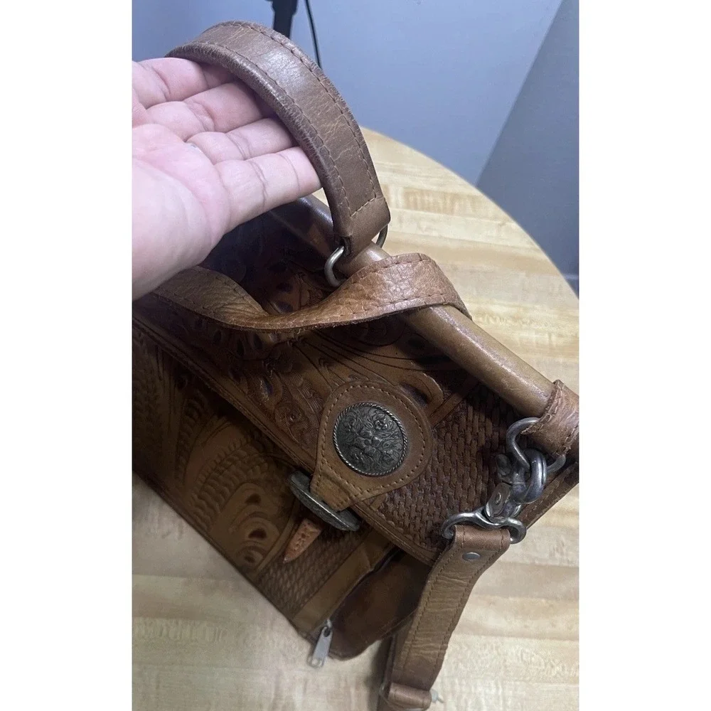 Vintage American West Tooled Leather Briefcase Messenger Laptop Bag Brown USA